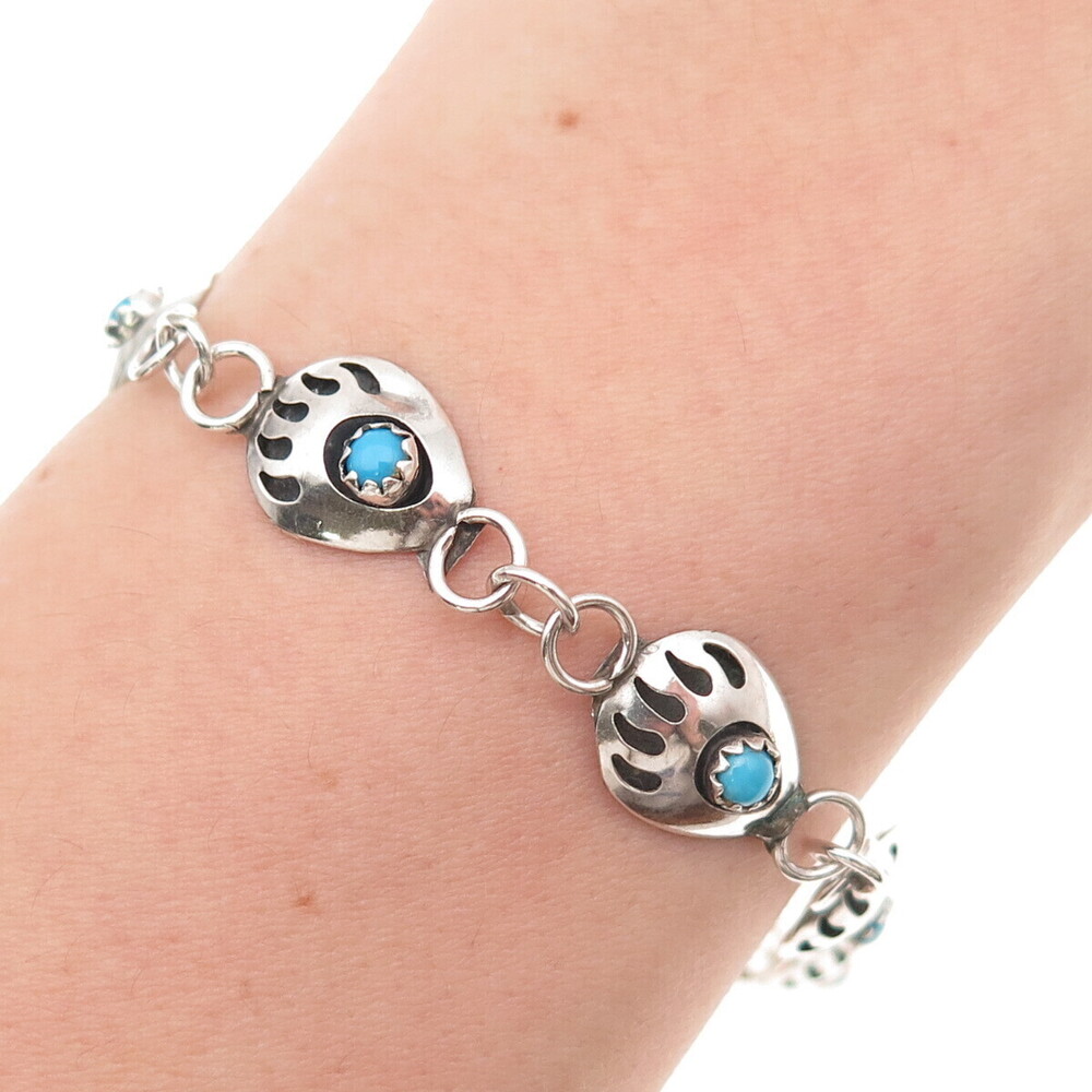 Old Pawn Sterling Silver Vintage Turquoise Bear Paw Bracelet 7" (missing lock)